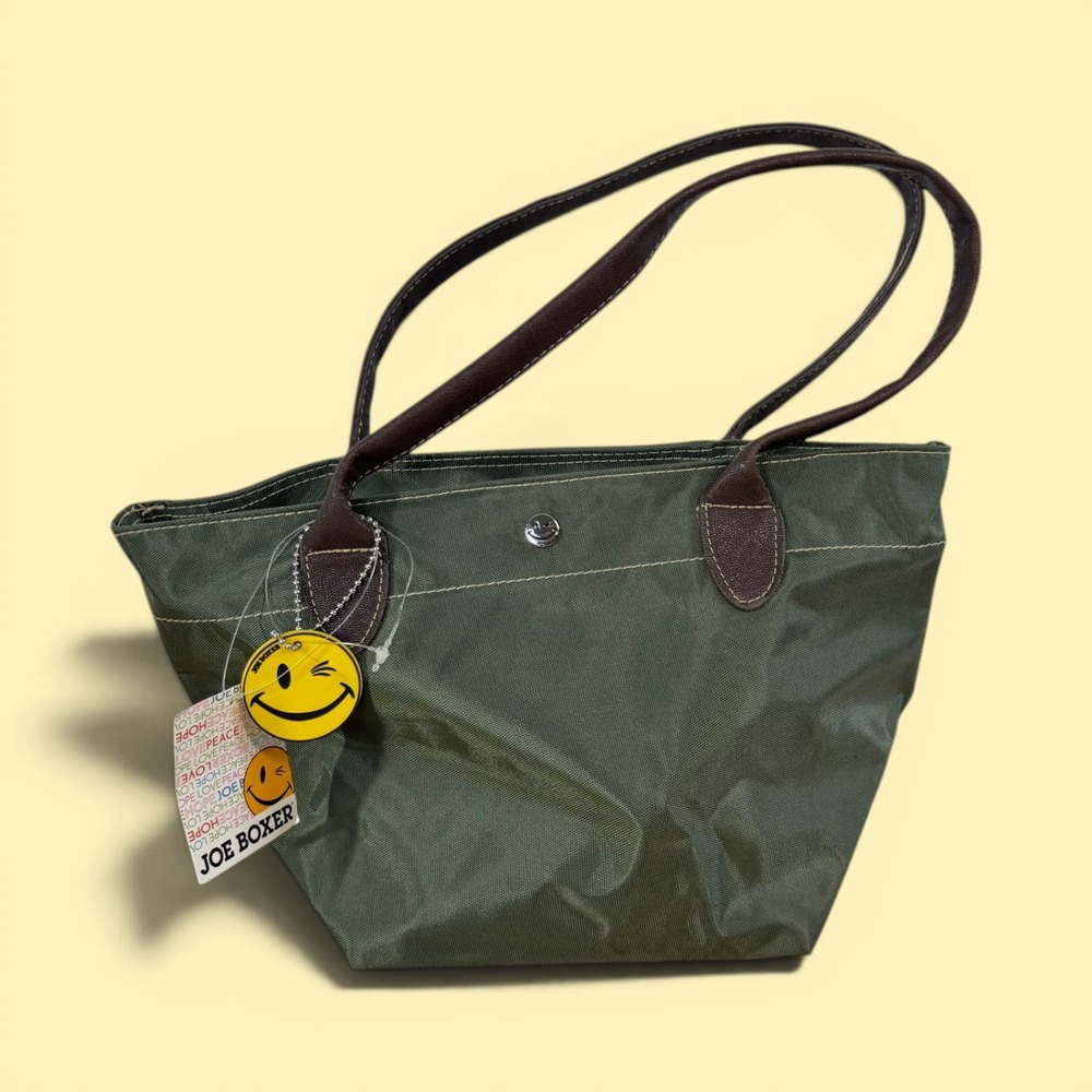 Joe Boxer Olive Green Nylon Tote Bag Smiley Face Charm Y2K Vintage Style NEW